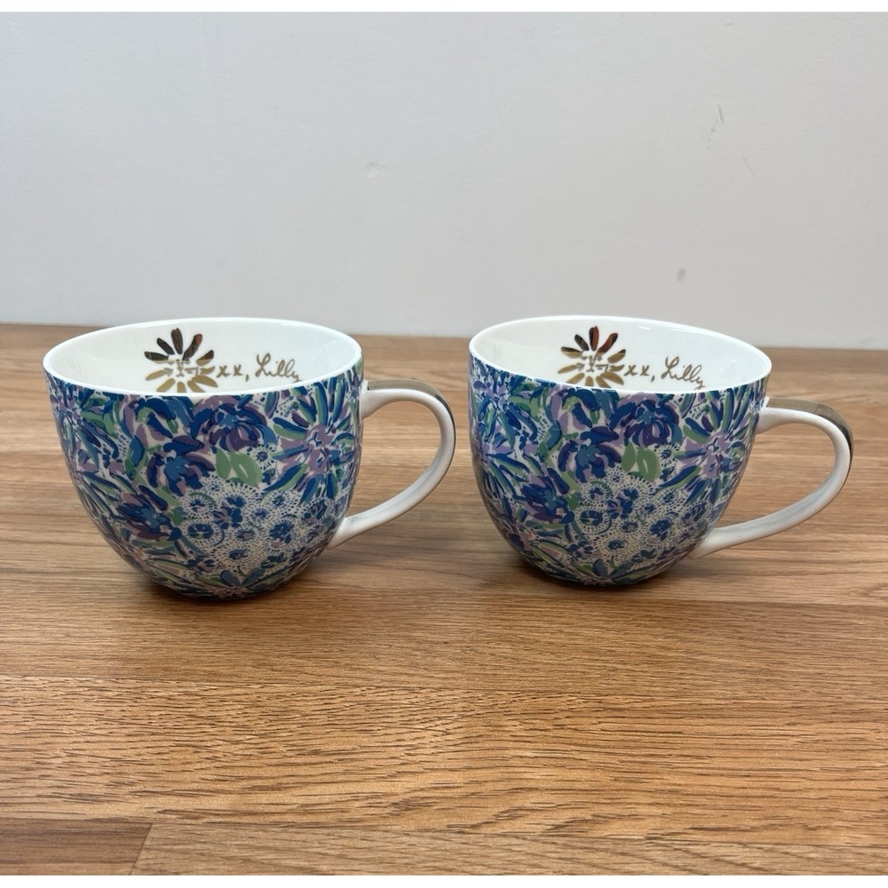 Set of 2 Lilly Pulitzer Blue Floral 12oz Coffee Cup Mug‎ Tea Cups, Gold Handles